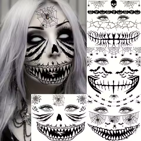 4pcs Halloween Temporary Face Tattoos Unisex Horror 3D Black Witch Zombie Face Makeup Tattoo Sticker