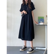 【Oversize Dress】(40-150kg) Preppy Style Short Sleeve Polo Collar Plus Size Loose Plain T-shirt Dress