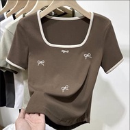 Plus Size Women's Shirt S-XXL Square Neck + Short Sleeves Sexy Solid Color Oversize/Crop Top Slimmin