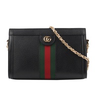 【GUCCI 古馳】Ophidia GG 綠紅織帶牛皮鏈包(黑色)/平行輸入
