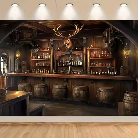 Retro Western bar backdrop - wooden bar, barrel and stool, cowboy-themed party banner - Fall/Winter 