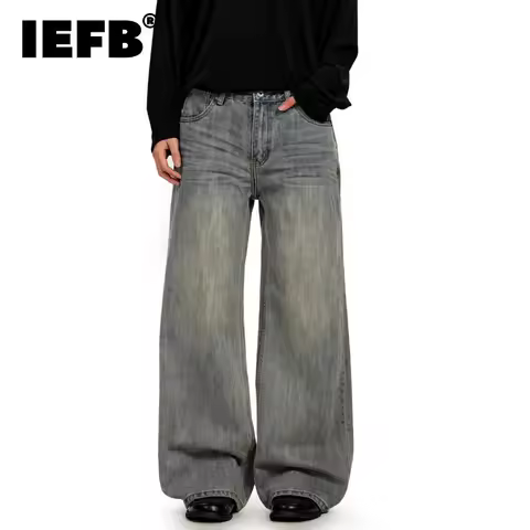 IEFB American Retro Minimalist Distressed Washed Men's Jeans Solid Full Length Causal Straight-leg P