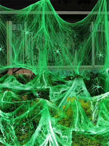 Glow-In-The-Dark Spider Web with Spiders, Fluorescent Expandable Spider Web for Indoor Outdoor Garde