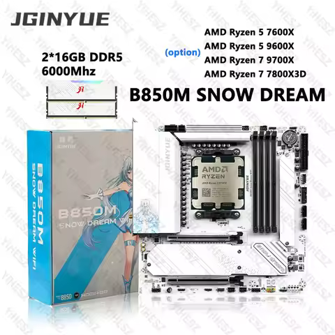 JGINYUE B850M Snow Dream WiFi AM5 Motherboard For AMD Ryzen 5 9600X AMD Ryzen 7 9700X/7800X3D Deskto