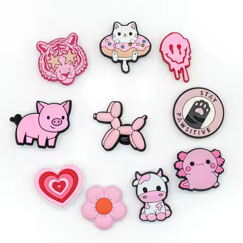 1/10pcs Pink Shoe Charms for Women Cute Cat Dog Cow Pig Tiger Salamander Shoe Accessories Flower Lov