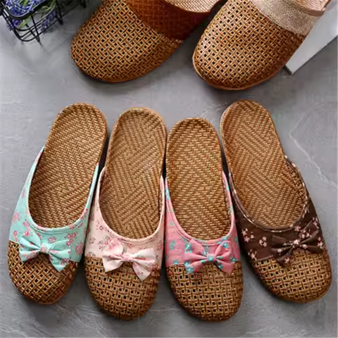 Summer Shose Women Slippers Beach Flip Flops Breathable Linen Flat Slippers Female Casual Flax Bow L