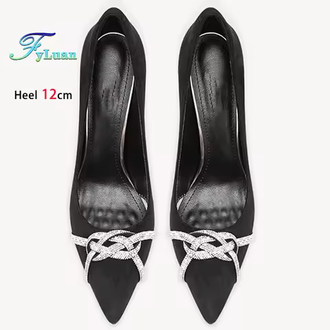 Black High Heels 12cm 10cm 8cm Women's Shoes Thin Heels Suede Rhinestone Pointed Ladies Pumps Shallo