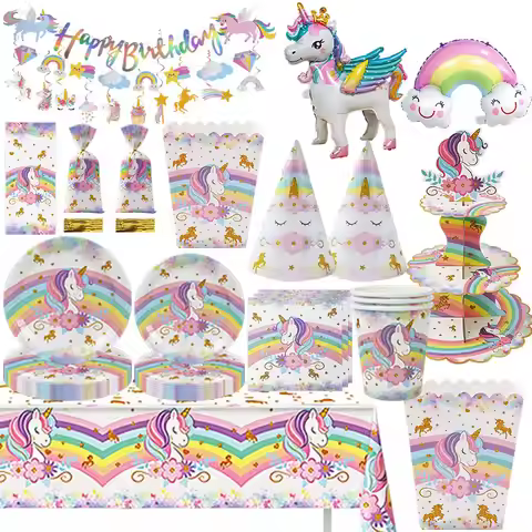 Rainbow Unicorn Birthday Decoration Tableware Cup Plate Napkin Unicorn Balloon Set Backdrop Banner G