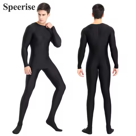 Men Black Spandex Zentai Long Sleeve Halloween Cosplay Unitard Footer Nylon One Piece Bodysuit Costu