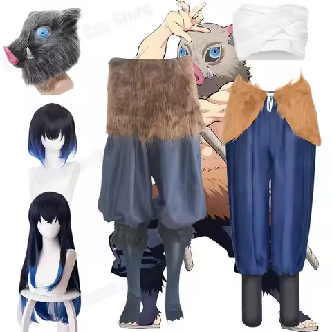 Anime Hashibira Inosuke Cosplay Costume Inosuke Wigs Package Pants Fancy Dress Pants and Apron Masks