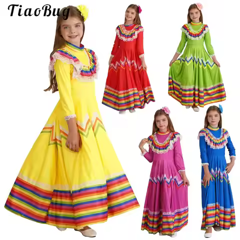 Traditional Fiesta Jalisco Swing Long Dress Child Girls Mexican Costume Ballet Folklorico Dance Outf