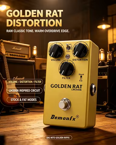 DEMONFX GOLDEN RAT GUITAR EFFECT PEDAL RAT DISTORTION ARENA-ROCK RHYTHM TONES SOARING LEADS CRUNCH C