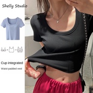 Woman BRA top Short-Sleeved Square Neck top Chest Padded T-Shirt Summer Slim-Fit Bottoming Shirt BRA-T
