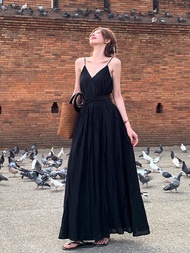 LINGLAI ชุดเดรสสลิงสีแดงสําหรับผู้หญิงฤดูร้อนชุดยาวคอวีแขนกุดชายหาดพรหม Gowns Slimming Design วันหยุ