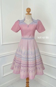 N722 ชุดเดรสผ้าทอลาย คอปีน กระโปรงบาน 8 ชิ้น อัดกาวทั้งชุด