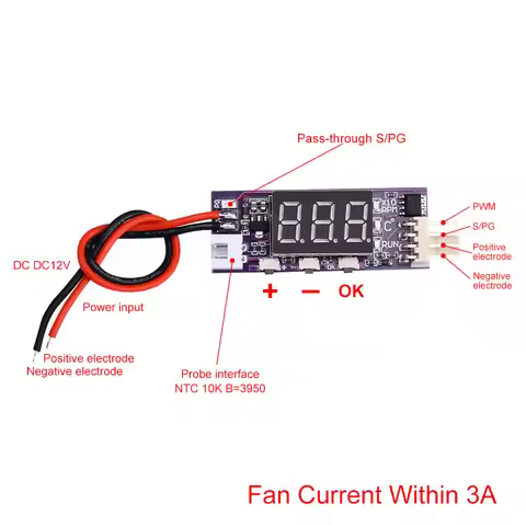 DC12V 4 Wire PWM Fan Temperature Control Governor Digital Display Temperature Speed Supports 3A Inte