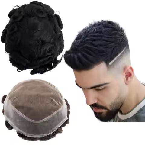 Toupee for Men Human Hair Wigs Men Toupee AUS Prosthesis Units Patch Curly Wave Toupee Hair Real Hum