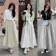 [READY STOCK L1] Long flared soft khaki skirt with belt and hip pockets, QC code 6688, length 83cm