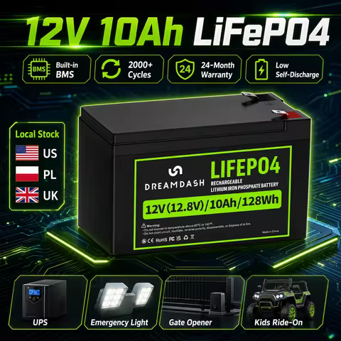 Dreamdash 12V 10Ah LiFePO4 Battery 128Wh Rechargeable Lithium Iron Phosphate Battery Built-in BMS F2