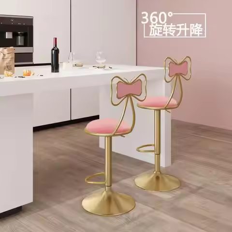 Pink Bow Back Bar Stool, Gold Frame Adjustable Swivel Bar Chair for Kitchen Island