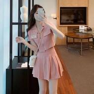Design Niche Female Premium Pink Crop Top Short-Sleeve Jacket Blazer Pleated Skirt Set Korean Style Women's Two-Piece Suit