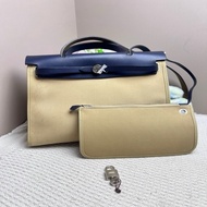 Hermes/愛馬仕 herbag31藍蓋拼米色帆布 單肩包 斜挎包