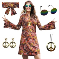 70s Hippie Dress Costumes Necklace Earrings Sunglass Women Disco Outfit, 60s Party Costume, Halloween Retro Dresses