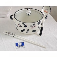 Cow-shaped ceramic noodle bowl for one person, cute large capacity double-handled soup bowl with lid