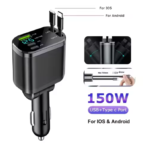 5 in 1 150W Car Charger Voltage Display PD30W Super Fast Charging 22.5W With Retractable Cable For I