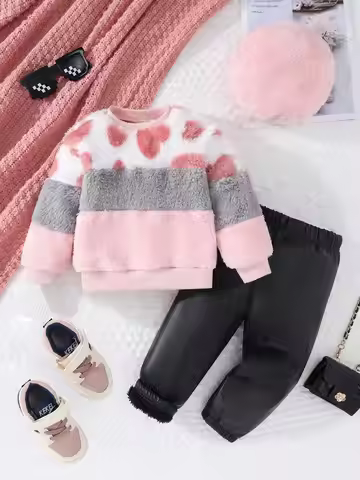 A Three-Piece Set Of Black Fleece Leather Long Pants And A Pink Hat For Baby Girls' Warmth In Autumn