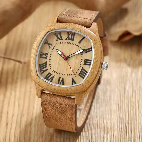 6TYPE Nature Wood Watches Men Women Genuine Leather Wrist Watch Handmade Bamboo Quartz-Watch Unisex 