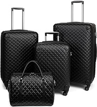 Plaid PU Leather Softshell Luggage Set - 4-Piece Expandable Suitcases with Spinner Wheels - Includes Large Travel Bag, 20-Inch Carry-On, 24-Inch &amp; 28-Inch Suitcases, Black, 4-Piece