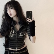 Áo Thun Nữ Tay Dài Cổ Bẻ Kẻ Sọc Punk Dark Style Street Style Slim Fit Summer Y2K Top Áo Thun Nữ Thời