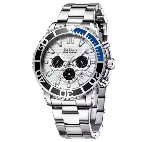 Fashion Men Casual Watches Silver White Stainless Steel Calendar Sport Military Male's Watch Blue Gl