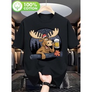Graphic T-Shirt Featuring a Jolly Moose in a Santa Hat And a Beer Mug - Comfortable Short-Sleeve Cas