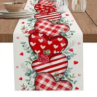 Valentine'S Day Table Runner, Non-Slip Rectangular, Striped Plaid Heart Design With Green Leaves, Ki