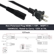 TV Power Cord - 10FT/3M 2 Prong Non-Polarized Plug NEMA 1-15P to C7 Figure 8 Replacement Supply Cord