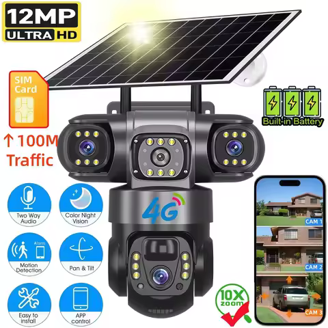 Solar 4G Camera With Sim Card 12MP 6K Three HD Len 3 Screen Monitor Night Vision Security Protection