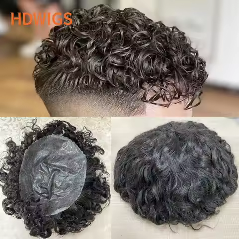 Curly Men Toupee Full PU 0.12-0.14cm ISKIN With Knots Capillary Prosthesis Indian Human Hair Wig Wat