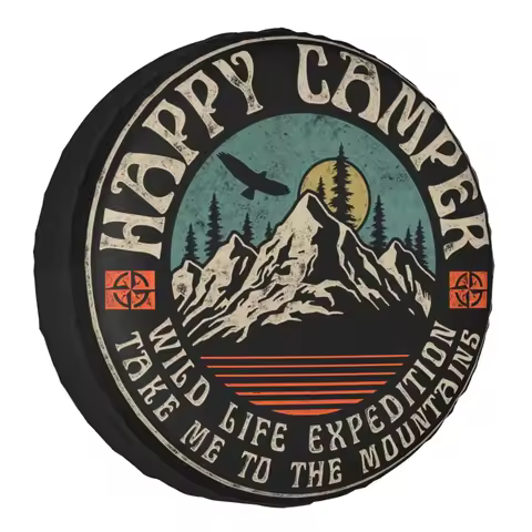 Happy Camper Spare Wheel Tire Cover for Mitsubishi Pajero Mountain Camp Camping Jeep RV SUV 4WD 4x4 