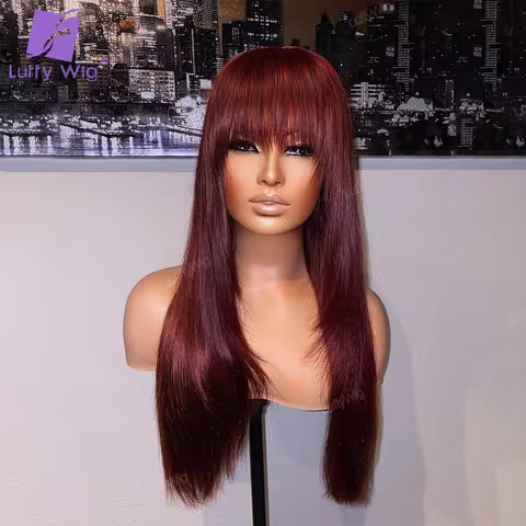Bungundy Color Silky Straight Wig With Fringe Bangs For Women Remy Brazilian #99J Full Machine Human