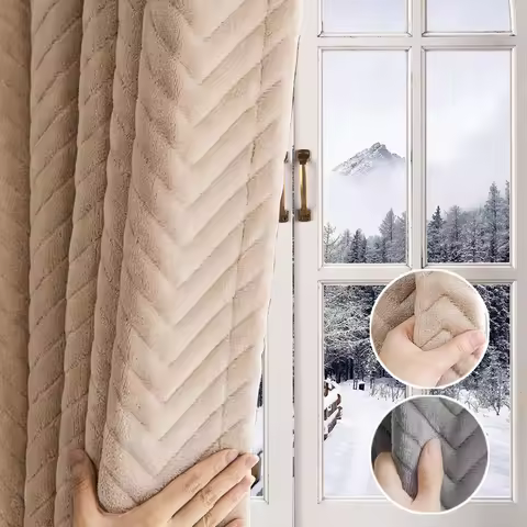 Winter Heavy Duty Windproof Warm Quilted Plush Cold-Proof Full Blackout Curtain Rod Pocket Window Dr