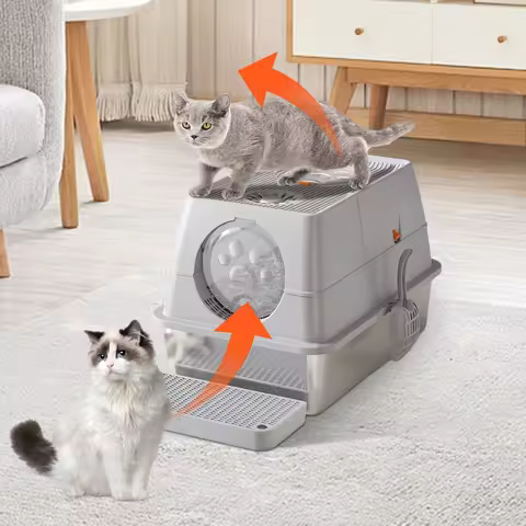 Stainless Steel Litter Box with Lid Anti-Leakage Non Stick Surface XXL Cat Litter Pan w/Scoop & Step