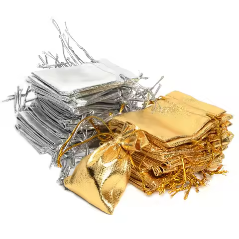 50pcs 5x7cm 7x9cm 9x12cm Metallic Foil Jewelry Packing Silver/Gold Color Drawstring Bag,Wedding Gift