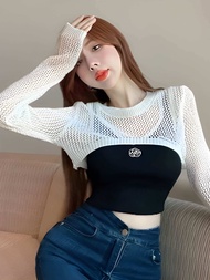 Yeona Crop Rajut Outer Crop jaring Rajut Lengan Panjang