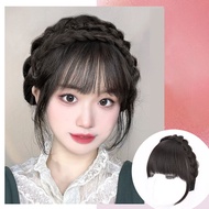 【Akula Store】Synthetic Fake Bangs Hair Neat Fringe Bands With Double Row Braids Headband Heat Resist