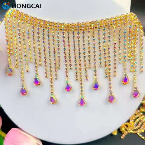 1 Yard Gold AB Crystal Teardrop Fringe Luxury Fringe, Party Supplies, Dancewear Embellishment, Teard