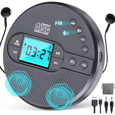 2000mAh Rechargeable Discman CD Player with Bluetooth, FM, Headphones, LCD, AUX, Speaker, USB - Anti