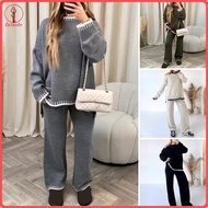 fulaide 2 Pcs/Set Winter Sweater Pants Set O Neck Loose Knit Thick Long Sleeves Sweater Wide Leg War