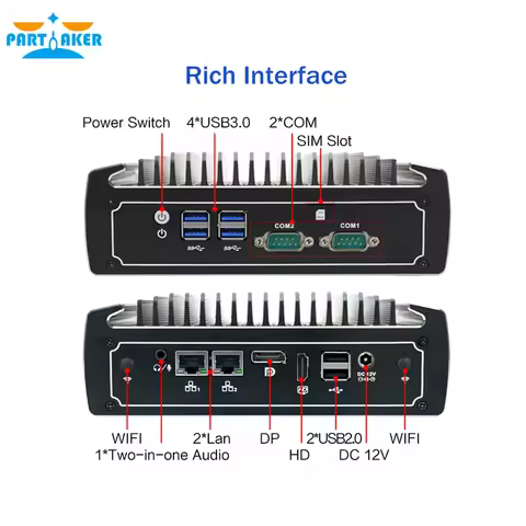 Partaker Fanless Mini PC Intel Core I3 10110U I7 10810U I210 Win 11 TPM2.0 Dual Lan Dual COM DP HD D